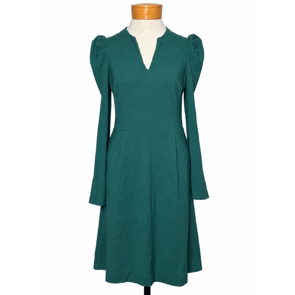 Boden Emerald Green Notch V Neck Long Puff Sleeve Knit Jersey Midi Dress 8